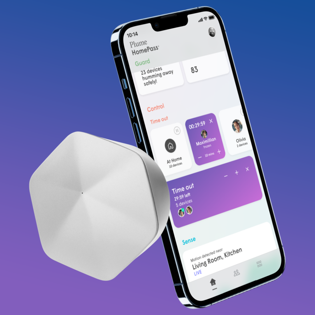 mock up of plume home screen on app of phone with plume pod beside it