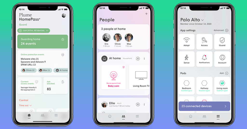 Screen mockups of the Plume AI Security app 