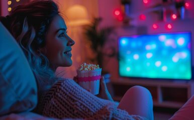 A woman sitting comfortably on her bed, holding a tub of popcorn and smiling while watching a brightly lit TV screen. The cozy atmosphere with warm lighting suggests enjoying a movie or show using a "TV streaming services free trial."