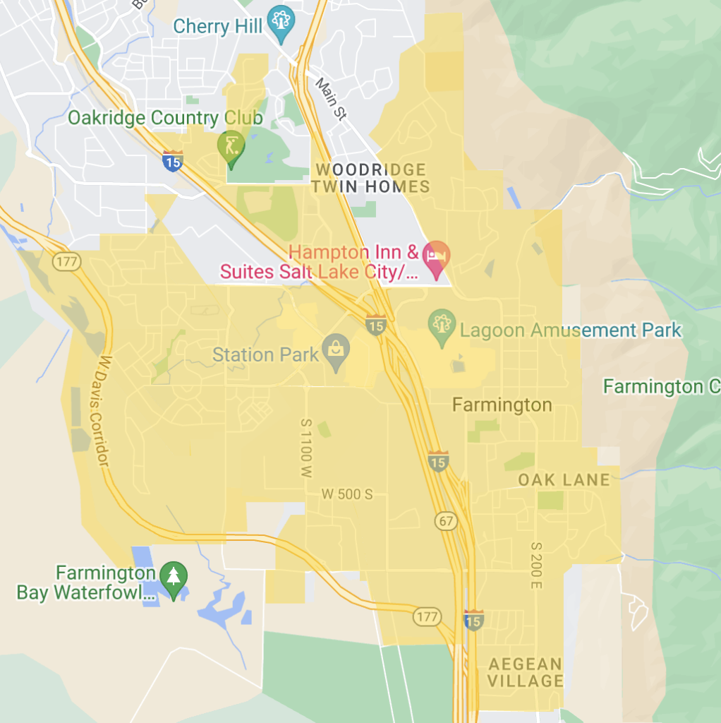 Areas highlighted on a map of Farmington where fiber optic internet from All West Communications is Available as of 9/9/2024.