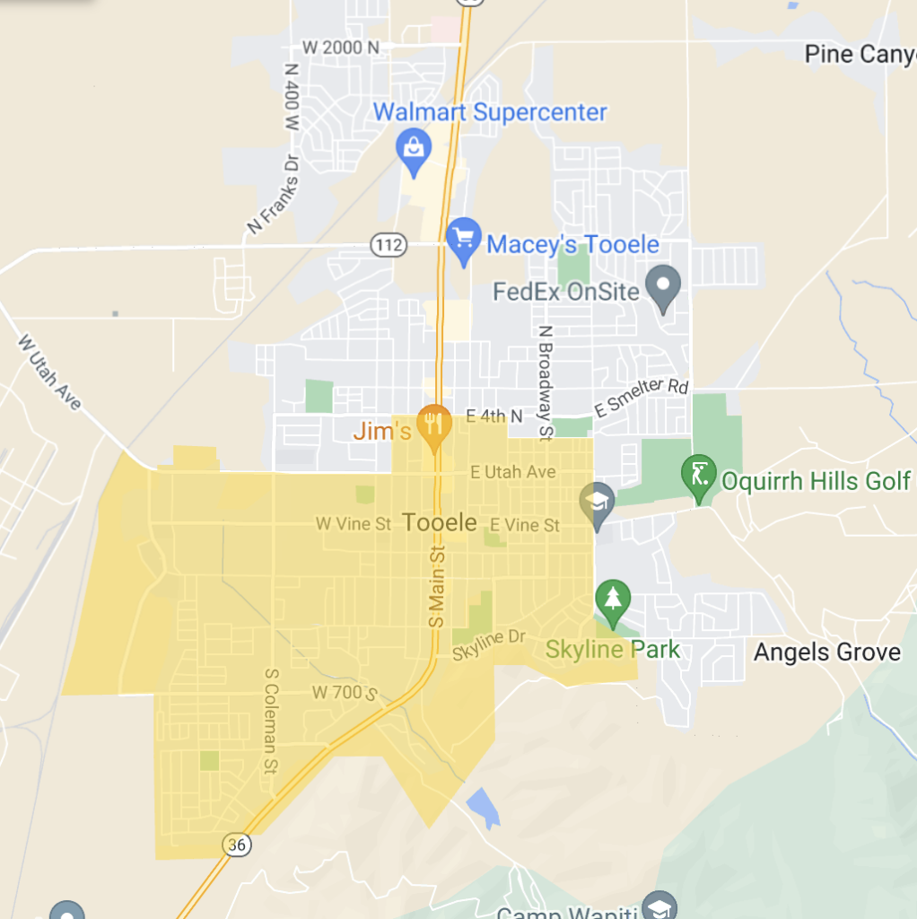 Areas highlighted on a map where fiber optic internet from All West Communications is Available in Tooele, UT as of 9/9/2024.