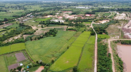 An aerial shot of a vast rural landscape with green fields and small patches of water. The area is divided by dirt roads and surrounded by various farmlands, emphasizing the rural setting's connectivity challenges. Keywords: how to get internet in rural areas.