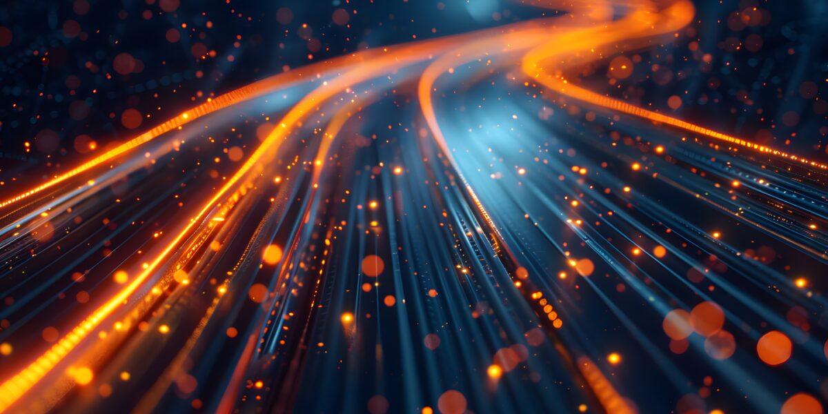 A computer-generated image of orange and blue lights representing data flow. The abstract lines suggest the high-speed data transfer capabilities of a home fibre optic network, ensuring fast and reliable internet connectivity.