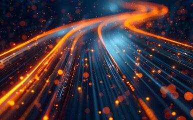 A computer-generated image of orange and blue lights representing data flow. The abstract lines suggest the high-speed data transfer capabilities of a home fibre optic network, ensuring fast and reliable internet connectivity.