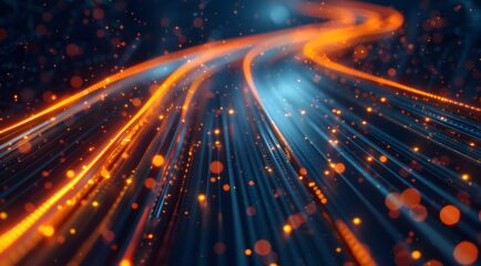 A computer-generated image of orange and blue lights representing data flow. The abstract lines suggest the high-speed data transfer capabilities of a home fibre optic network, ensuring fast and reliable internet connectivity.