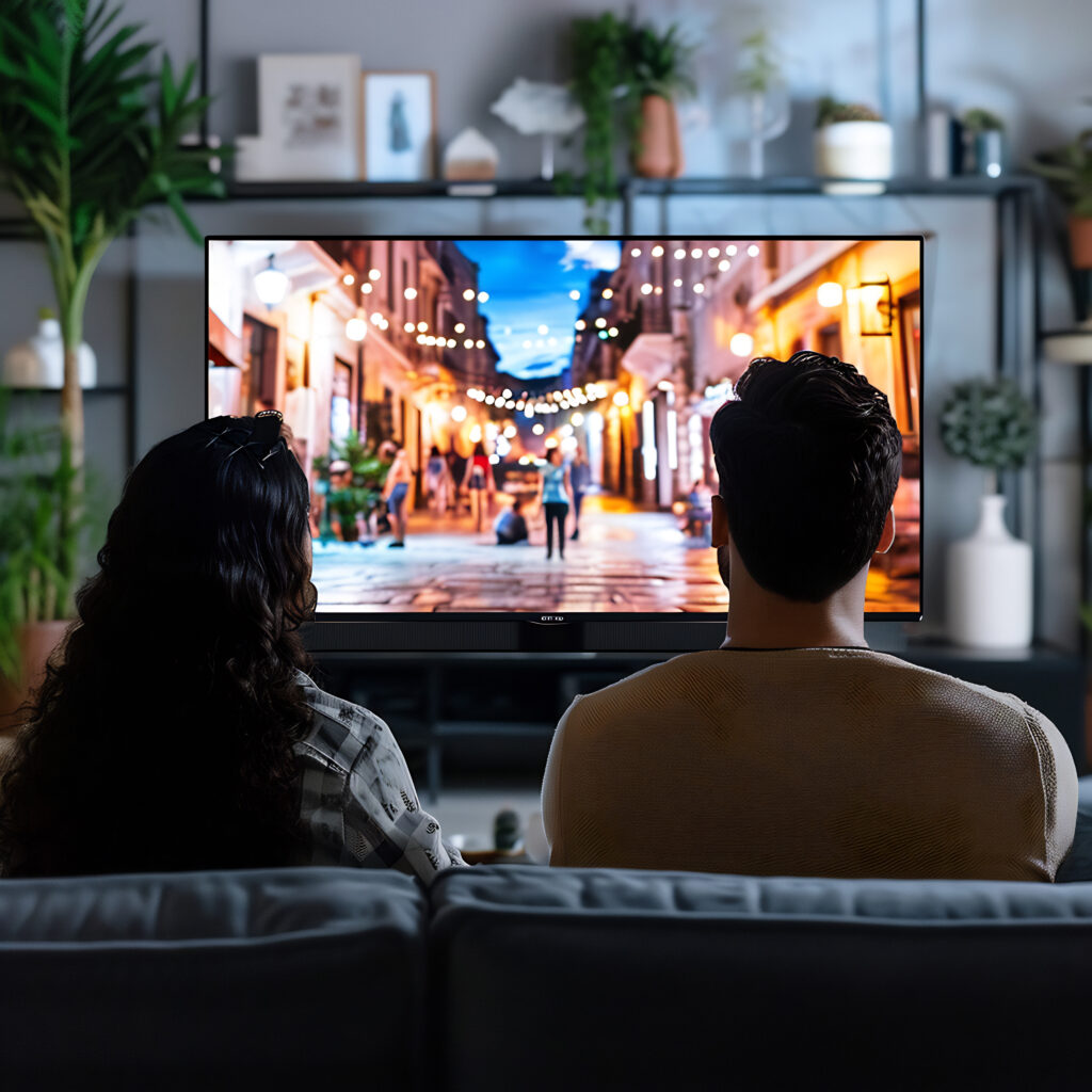 A couple sitting on a couch watching a vibrant street scene on a smart TV. This image represents "how to stream TV without cable," demonstrating the use of smart TVs for accessing online streaming content.