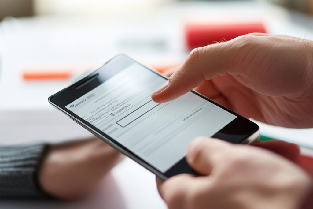 A close-up image of a person's hand interacting with a smartphone screen, filling out an online form, illustrating the ease and accessibility of the "Internet Essentials application" process.