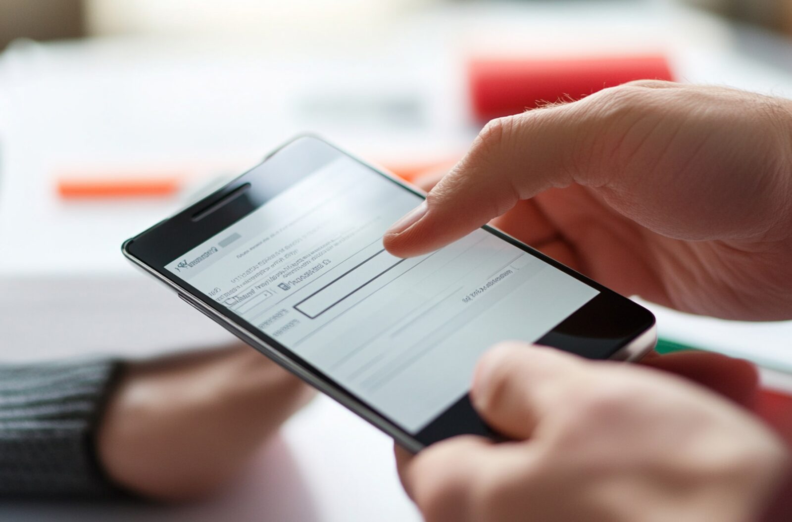 A close-up image of a person's hand interacting with a smartphone screen, filling out an online form, illustrating the ease and accessibility of the 