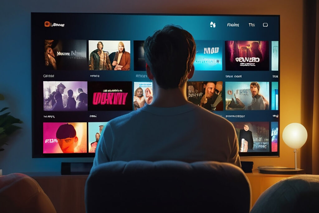 A person seated in front of a large smart TV screen filled with various movie and show thumbnails. The TV interface suggests a wide range of streaming options and content bundles. The individual appears to be selecting or browsing through different streaming bundle packages, looking for something to watch.