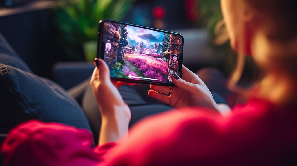 A person sitting in a dark room, focused on playing an online game on a smartphone. The game screen displays a vibrant and colorful landscape with trees, mountains, and interactive game elements. The player's hands are holding the smartphone tightly, indicating a sense of immersion and engagement in the game.