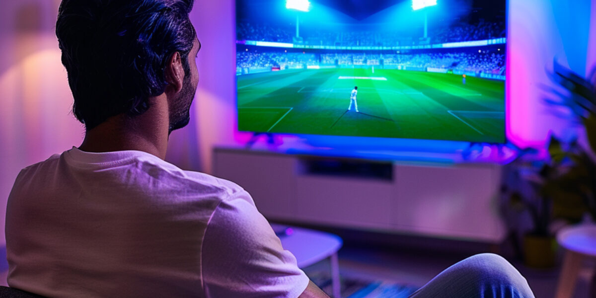 A man sitting on a couch watching a sports match on a TV screen, illuminated by colorful ambient lighting. This setup shows "how to stream TV without cable," highlighting streaming live sports events through online services.