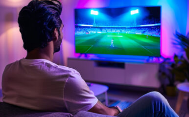 A man sitting on a couch watching a sports match on a TV screen, illuminated by colorful ambient lighting. This setup shows "how to stream TV without cable," highlighting streaming live sports events through online services.