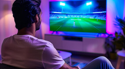 A man sitting on a couch watching a sports match on a TV screen, illuminated by colorful ambient lighting. This setup shows 