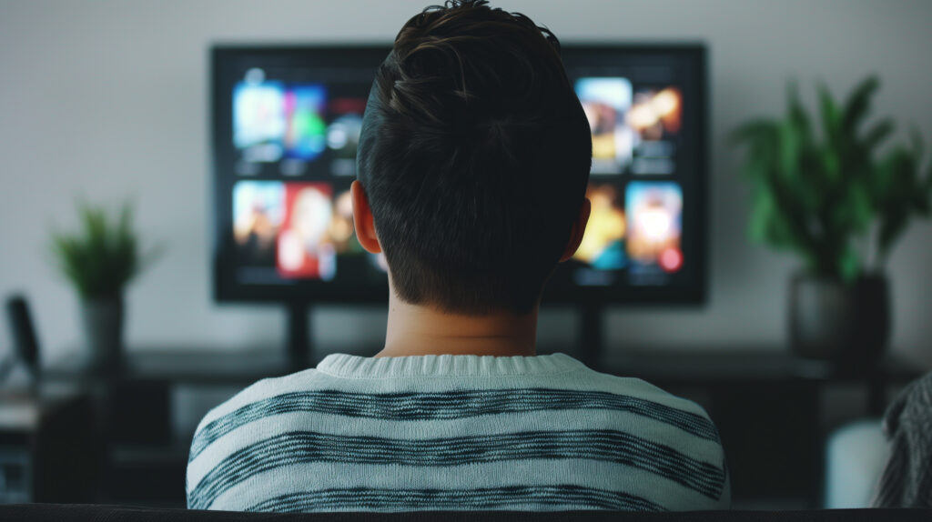 A person sitting and watching a TV screen filled with various content options, enjoying a supreme streaming experience in a cozy environment.