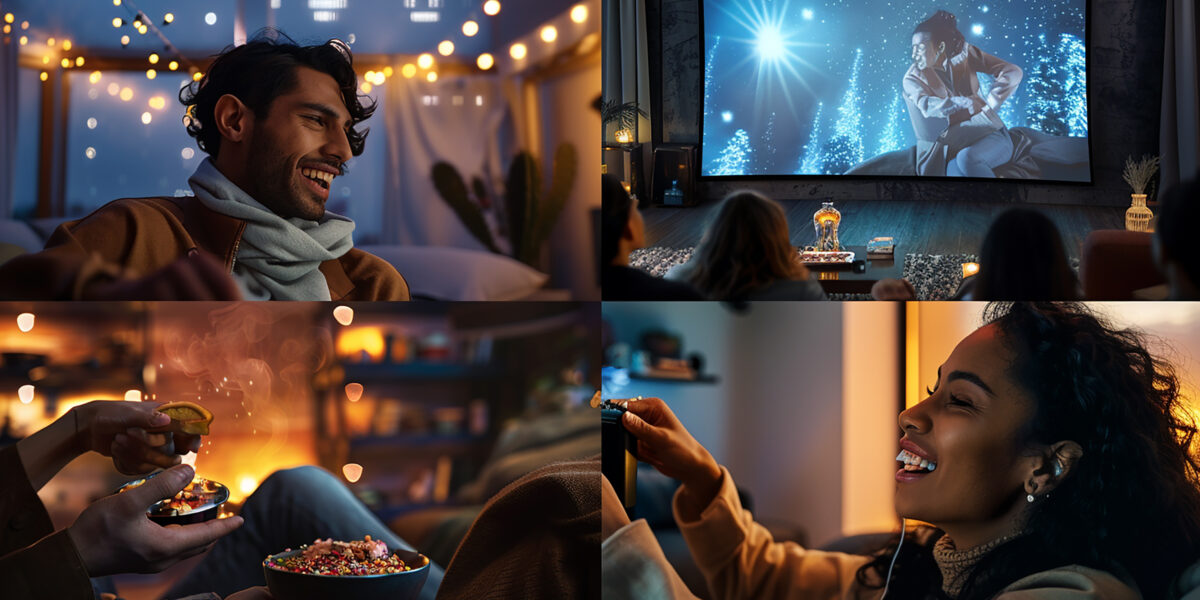 A cozy indoor scene with multicultural friends enjoying a movie night. The room is decorated with string lights, and a large screen shows a bright, cheerful image of a person in front of a snowy landscape. Two people in the foreground are sharing a bowl of popcorn, and a woman is laughing joyfully while holding a snack. The atmosphere is warm and inviting, perfect for a relaxed movie session.