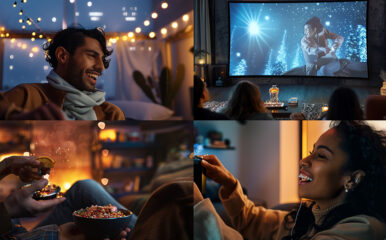 A cozy indoor scene with multicultural friends enjoying a movie night. The room is decorated with string lights, and a large screen shows a bright, cheerful image of a person in front of a snowy landscape. Two people in the foreground are sharing a bowl of popcorn, and a woman is laughing joyfully while holding a snack. The atmosphere is warm and inviting, perfect for a relaxed movie session.