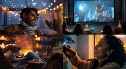 A cozy indoor scene with multicultural friends enjoying a movie night. The room is decorated with string lights, and a large screen shows a bright, cheerful image of a person in front of a snowy landscape. Two people in the foreground are sharing a bowl of popcorn, and a woman is laughing joyfully while holding a snack. The atmosphere is warm and inviting, perfect for a relaxed movie session.