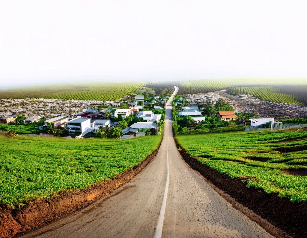 An expansive aerial view of a rural village with a long, straight road running through the center. The landscape is marked by agricultural fields and scattered houses, showing a community's isolation and the potential difficulty of securing internet access. Keywords: how to get internet in rural areas.