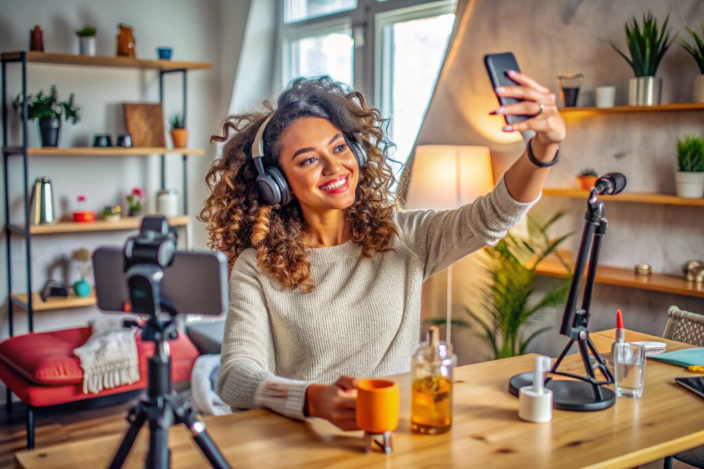 A woman with curly hair, wearing headphones, is smiling while holding a smartphone for a live video recording in a well-decorated room, showcasing her process of how it's made streaming to engage with her audience.