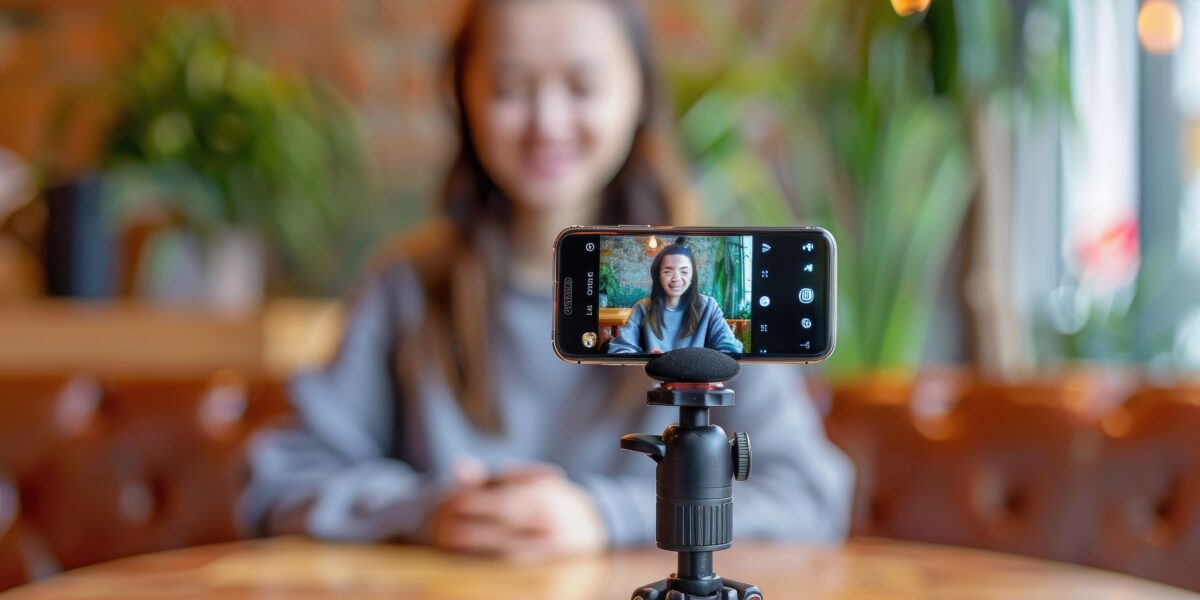 A young woman sitting at a table, recording herself with a smartphone on a tripod, as she creates content, possibly sharing behind-the-scenes details on how it's made streaming from a cozy café environment.