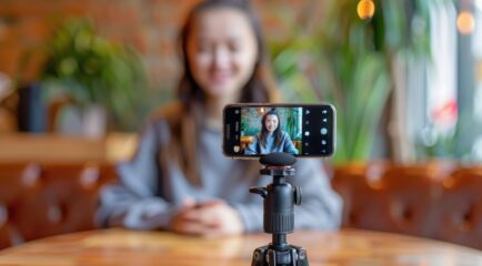 A young woman sitting at a table, recording herself with a smartphone on a tripod, as she creates content, possibly sharing behind-the-scenes details on how it's made streaming from a cozy café environment.