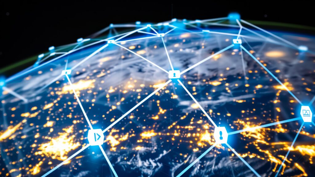 A digital representation of a global network with illuminated cities connected by blue lines, symbolizing the wide reach of fiber optic cable near me and its impact on global connectivity