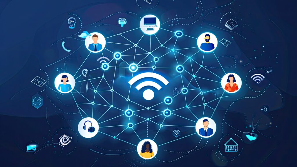  graphical representation of people and devices connected via a Wi-Fi network, emphasizing the need for reliable digital communication and the availability of fiber optic cable near me for better internet performance.