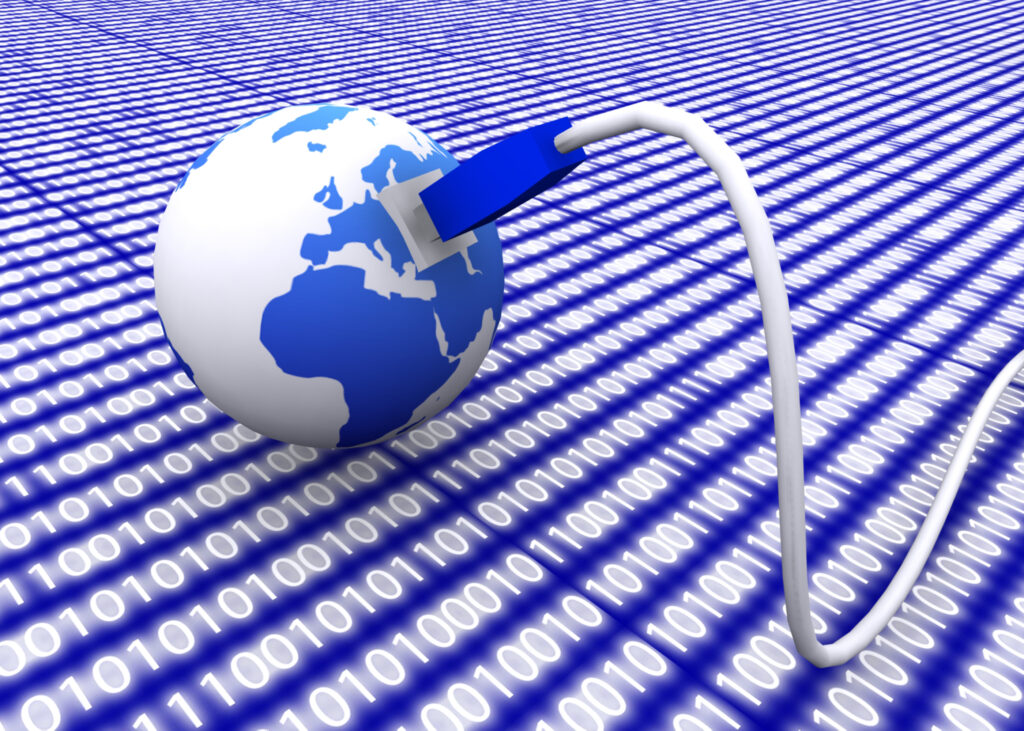 A digital illustration of a globe connected by a blue network cable set against a binary code background, symbolizing global connectivity for "residential ISP solutions."