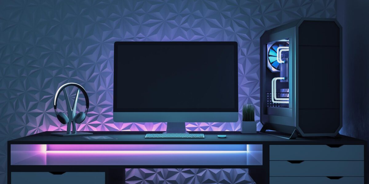 A futuristic workspace showcasing a high-speed internet setup with fiber-optic-level connectivity. The glowing peripherals complement the theme, answering "How fast is fiber internet?" with visual energy.