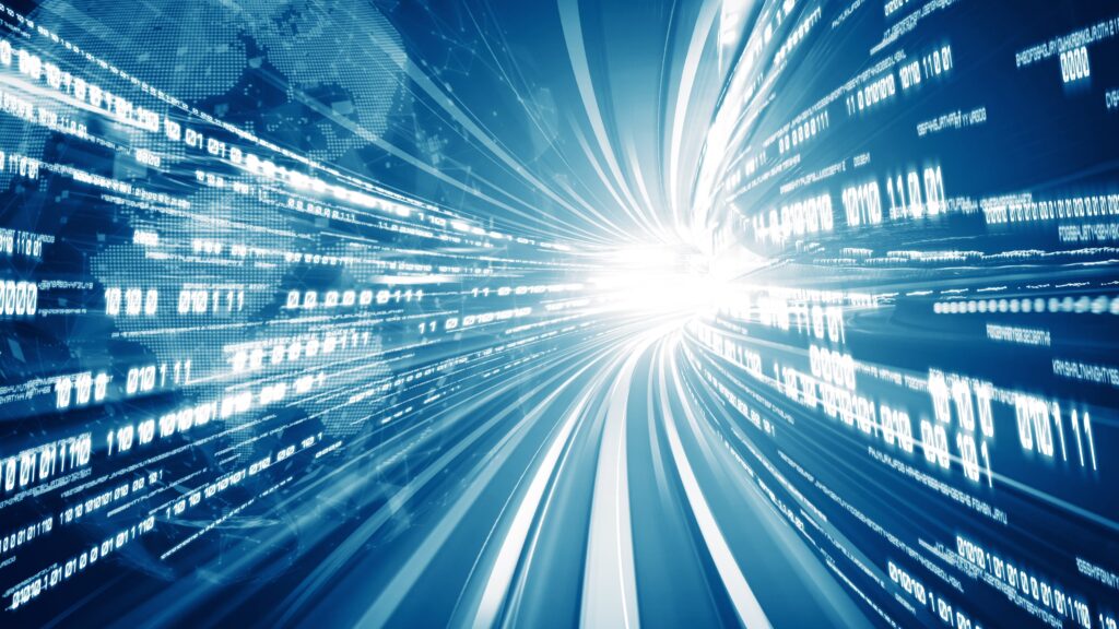 A digital highway concept with binary code flowing toward a bright light, symbolizing fast data transfer. This visual emphasizes how the router can impact internet speed and overall network performance.