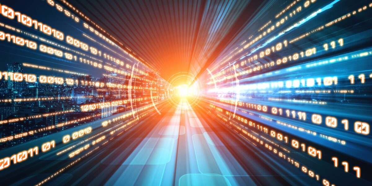 A vibrant data stream with binary numbers in motion and a bright, glowing endpoint, symbolizing high-speed internet. It reflects the consideration of whether the router affects internet speed in achieving optimized connectivity.