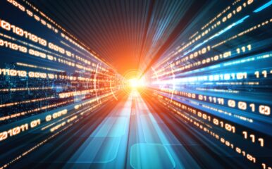 A vibrant data stream with binary numbers in motion and a bright, glowing endpoint, symbolizing high-speed internet. It reflects the consideration of whether the router affects internet speed in achieving optimized connectivity.