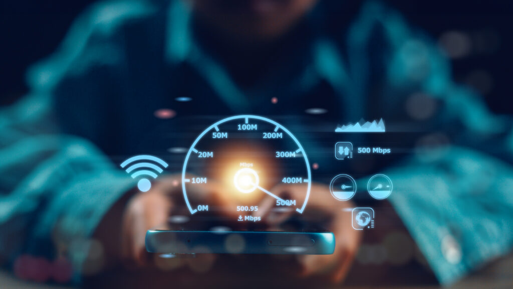 A futuristic interface displaying an internet speed test with metrics such as Mbps and a glowing speedometer. This highlights the question, "does router affect internet speed," and showcases the importance of network optimization.