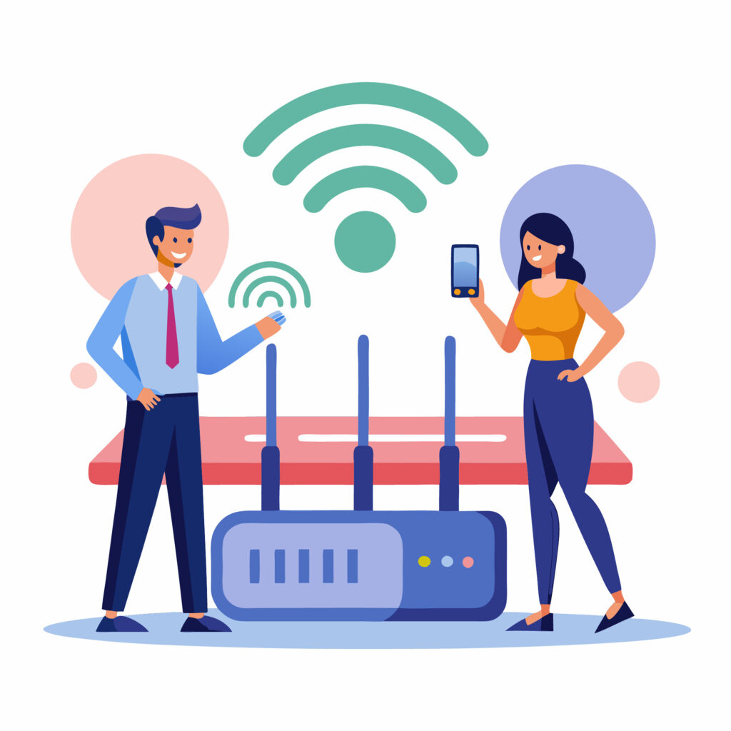 Illustration of a man and woman standing next to a router with strong WiFi signals, symbolizing improved internet connectivity. This represents the benefits of using a WiFi extender vs booster to enhance network performance.