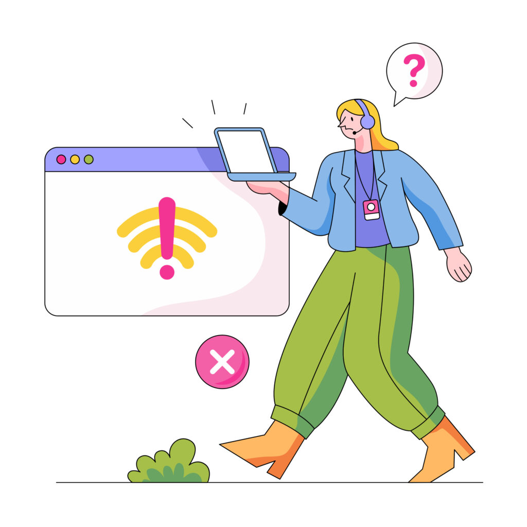 An illustration of a confused woman holding a laptop displaying a no internet connection error symbol on a browser window, highlighting digital disconnection.