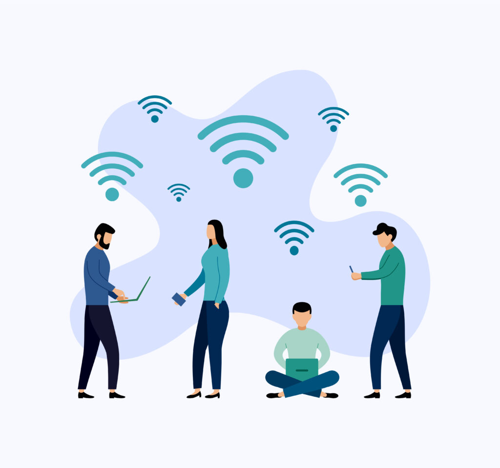 Minimalist illustration of people using laptops and smartphones with multiple WiFi signals around them, depicting improved wireless coverage. This visualizes the impact of choosing the right WiFi extender vs booster for seamless connectivity.