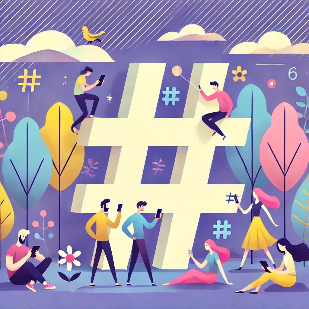 A stylized illustration of people gathered around a large hashtag symbol, emphasizing social interaction and creativity when there is no internet connection.