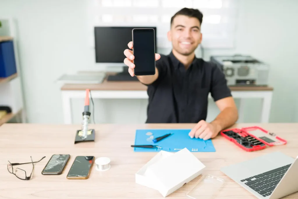 An image of a man in a black shirt showing his Small Business Internet and Phone